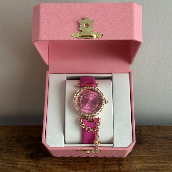 NWT Juicy Couture Hot Pink Gold Color Watch Bracelet Faux Leather Charm Jewelry